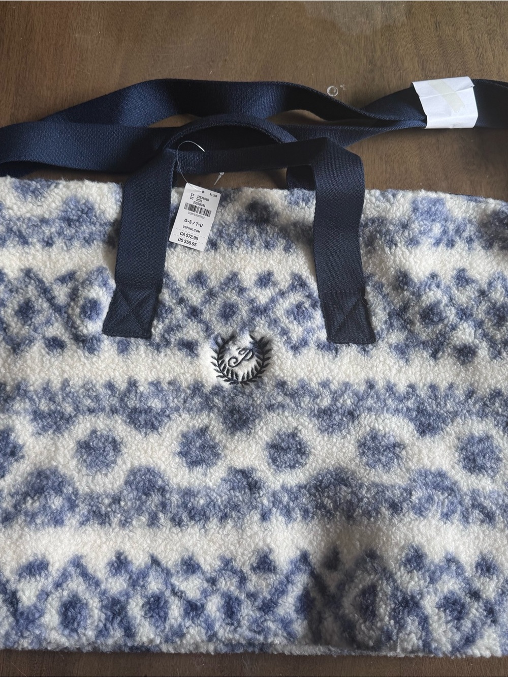 Victoria’s Secret PINK Fairisle Blue Sherpa Weekender Tote Bag NWT